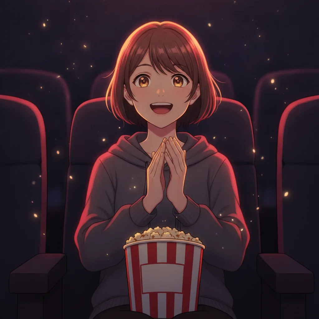 Illustration of the Enthusiast movie type: a beaming figure with popcorn and raised arms in a cinema