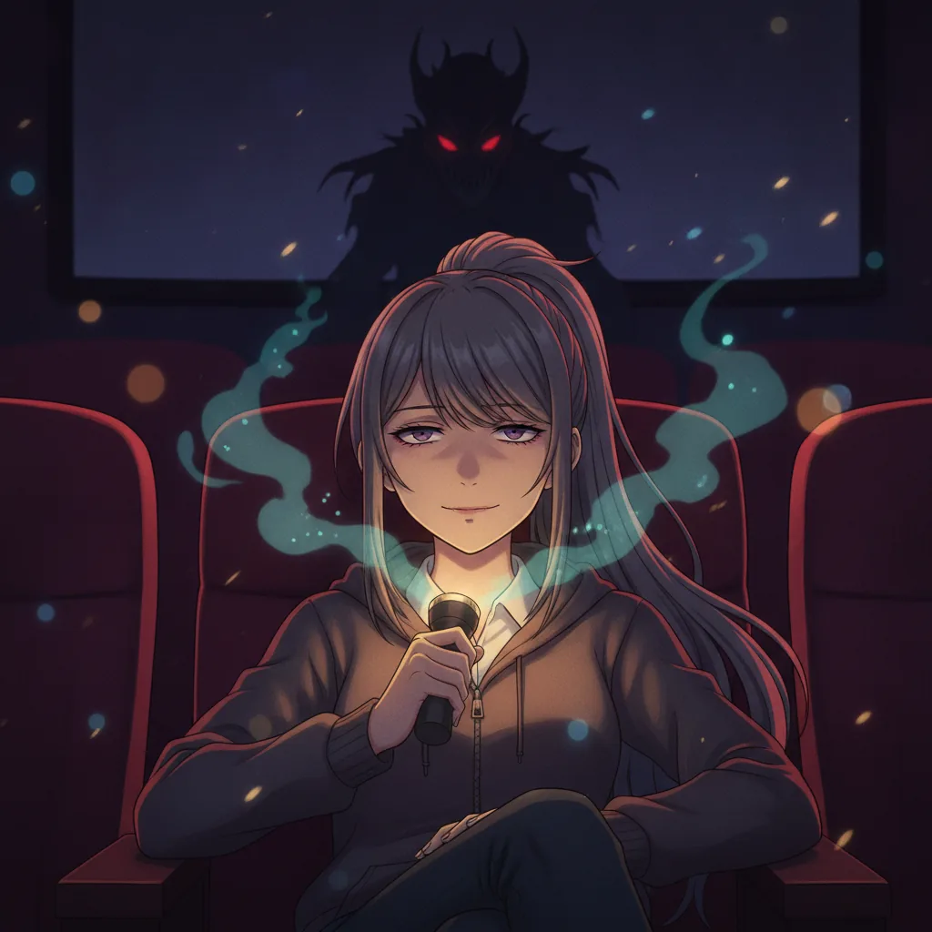 Illustration of the Fearless movie type: an unbothered viewer in a dark theater, flashlight under the chin