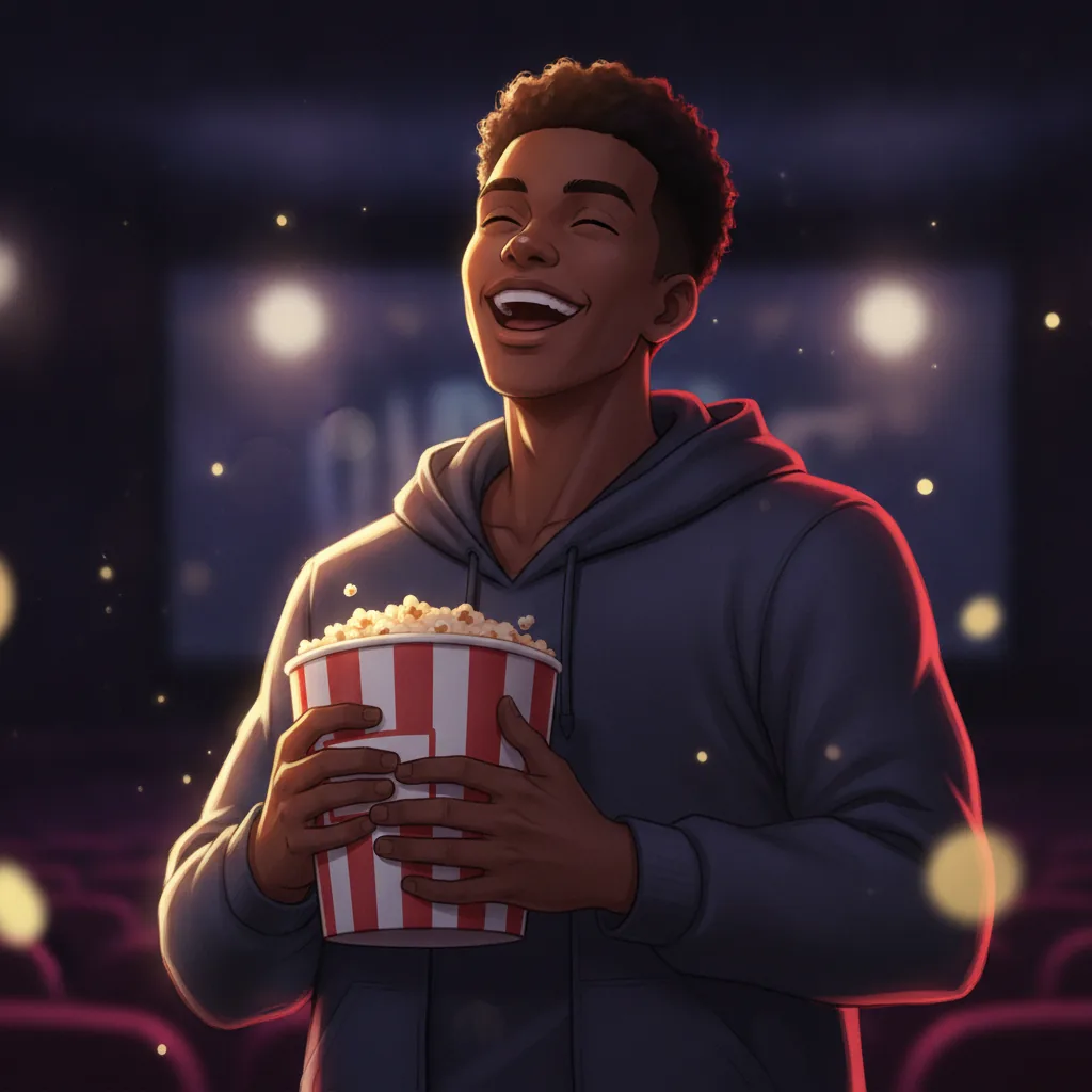 Illustration of the Mood Lifter movie type: a laughing moviegoer with popcorn in the cinema light