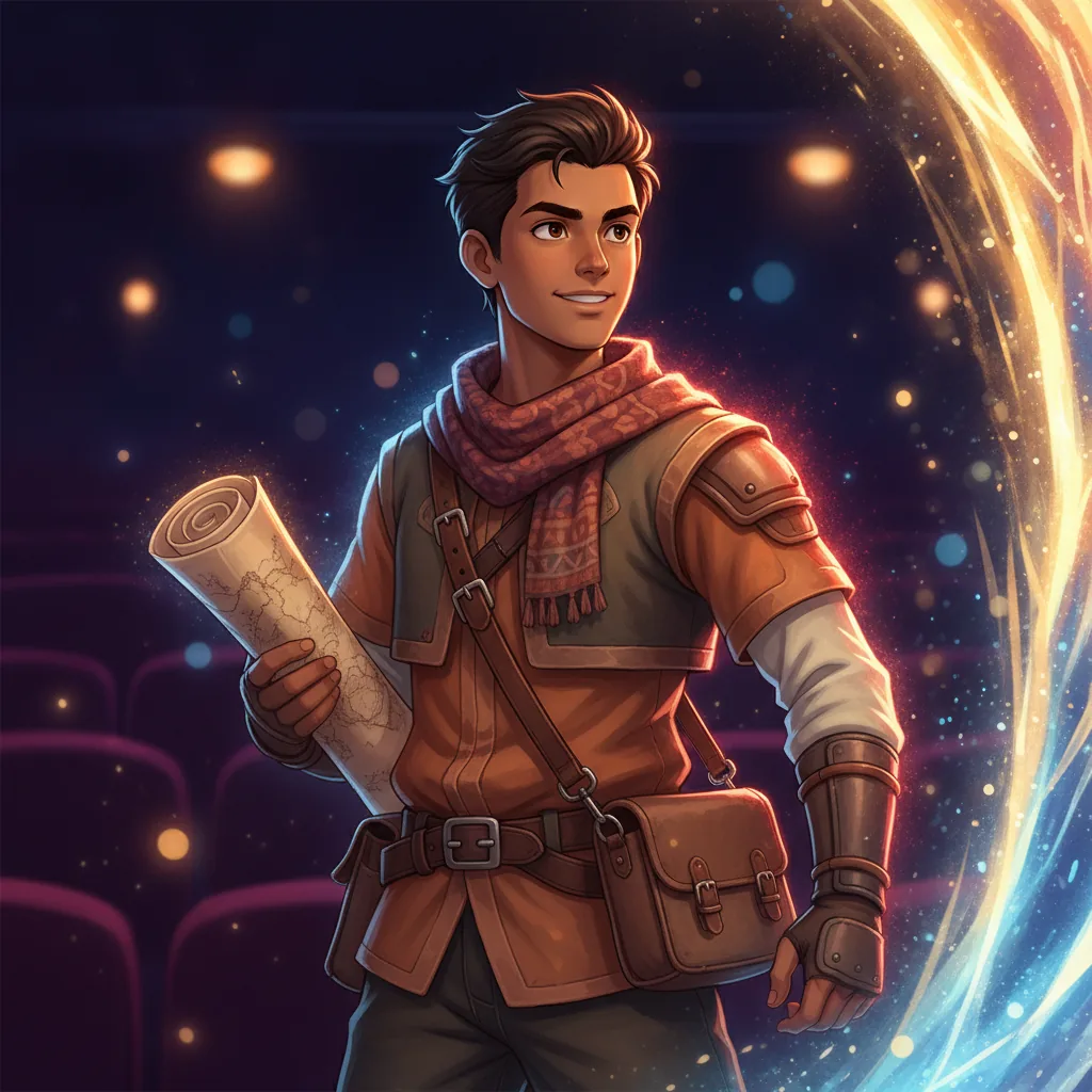 Illustration of the World Wanderer movie type: a figure with a map before a glowing portal