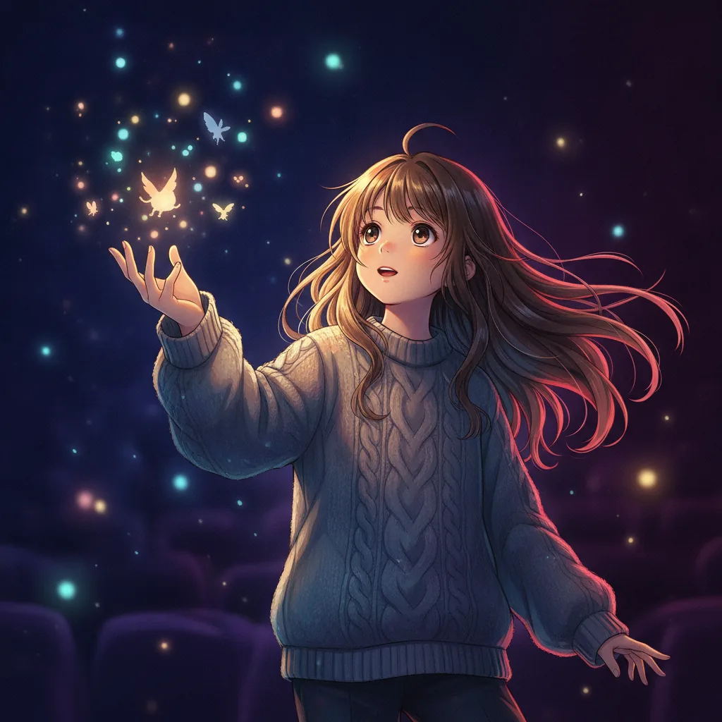Illustration of the Young at Heart movie type: a wide-eyed viewer before colorful glowing animated worlds